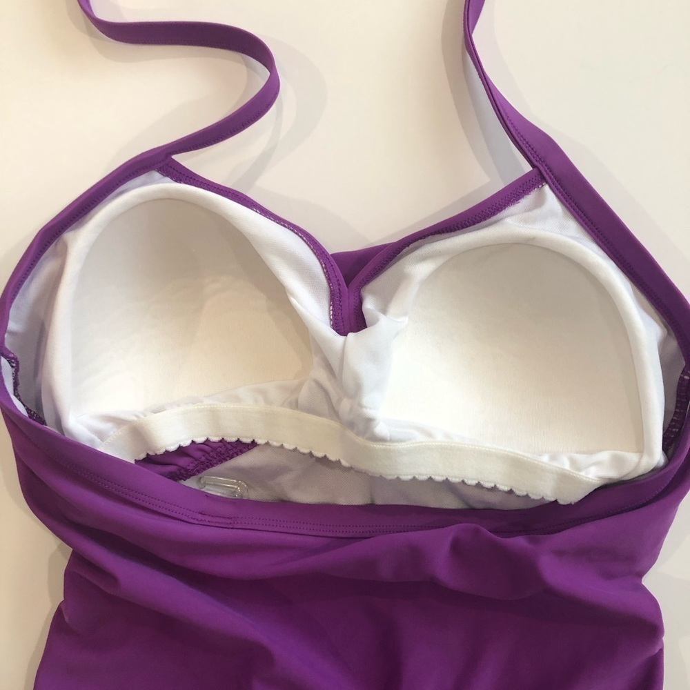 Cabana Beach Size M(12) purple one piece swimsuit. Ruching crisscross straps - Picture 5 of 10